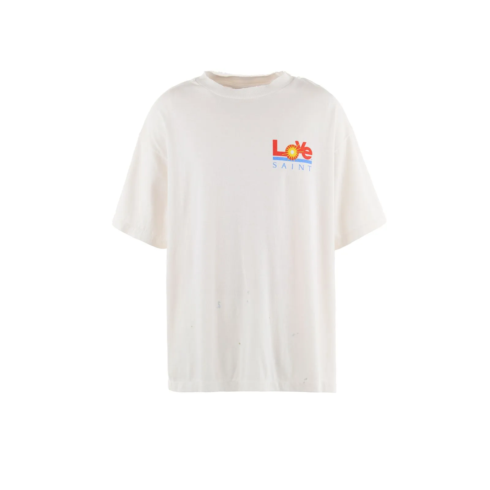 SAINT Mxxxxxx 25SS LOVE_SS TEE/WHT LOVE little sun destroyed washed distressed short sleeves off-white S-XL rainbow OE yarn original version consistent tube woven side seam fabric re-washed distressed craftsmanship of cut and damaged holes hand-made graffiti splashed ink original consistent main mark/wash mark/little angel anti-counterfeiting mark